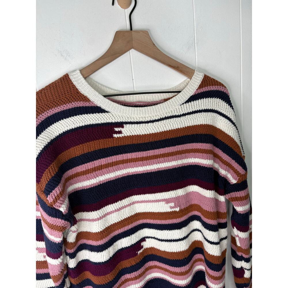 ☀️SALE☀️ Boho Stripe Chunky Knit Crewneck Sweater Large Mauve Cottagecore Cozy - Picture 4 of 7